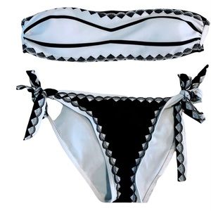 Bandeau  Strapless Art Deco Bikini Black White Small